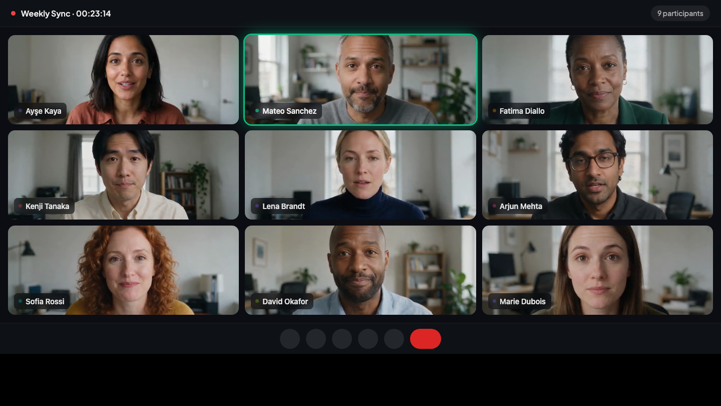 Gaavala's floating subtitle overlay rendering translated captions over a live video meeting, with speaker colors and age-fade.